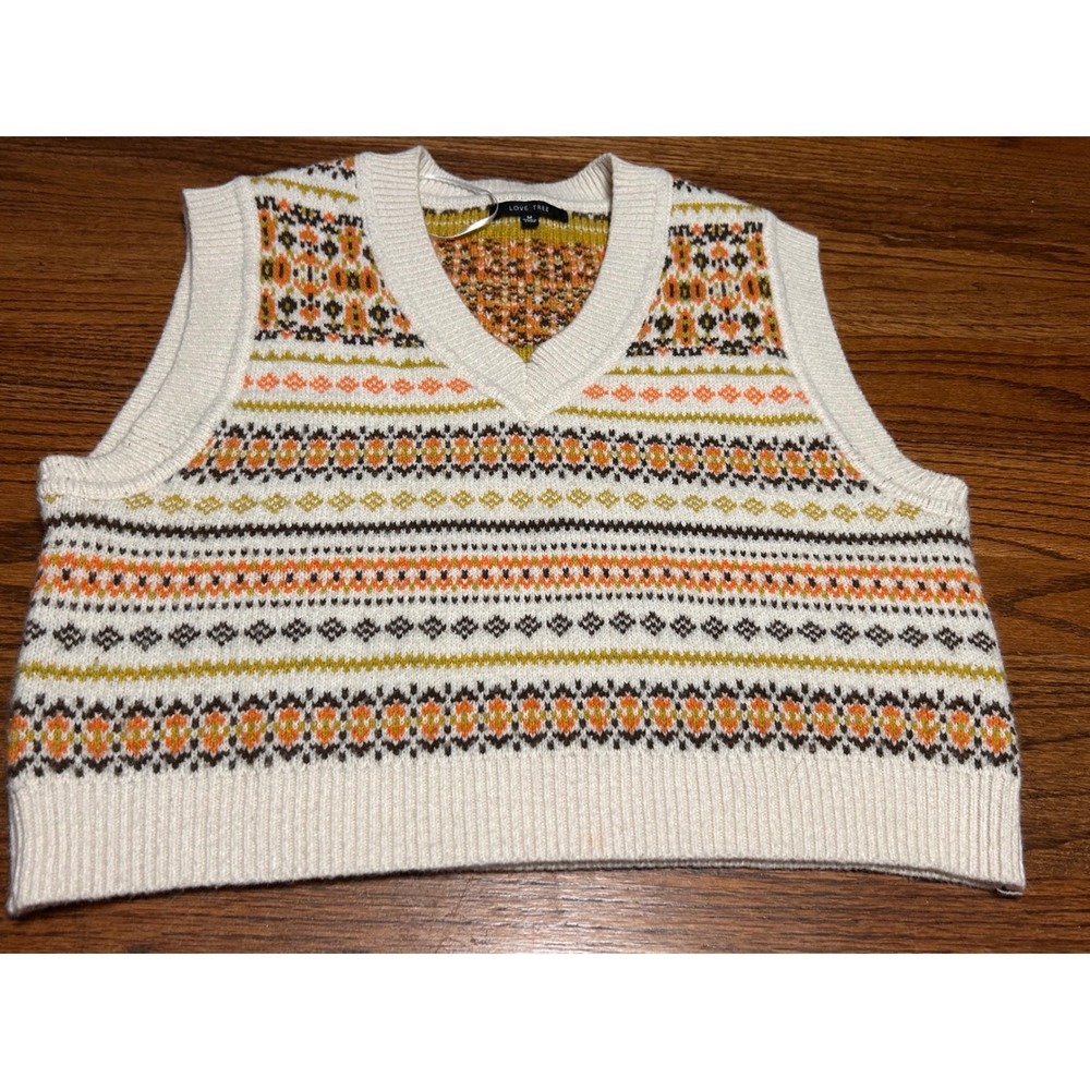 Love Tree Womens Fair Isle Sweater Vest V-Neck Cropped Knit Tank Orange Cream M